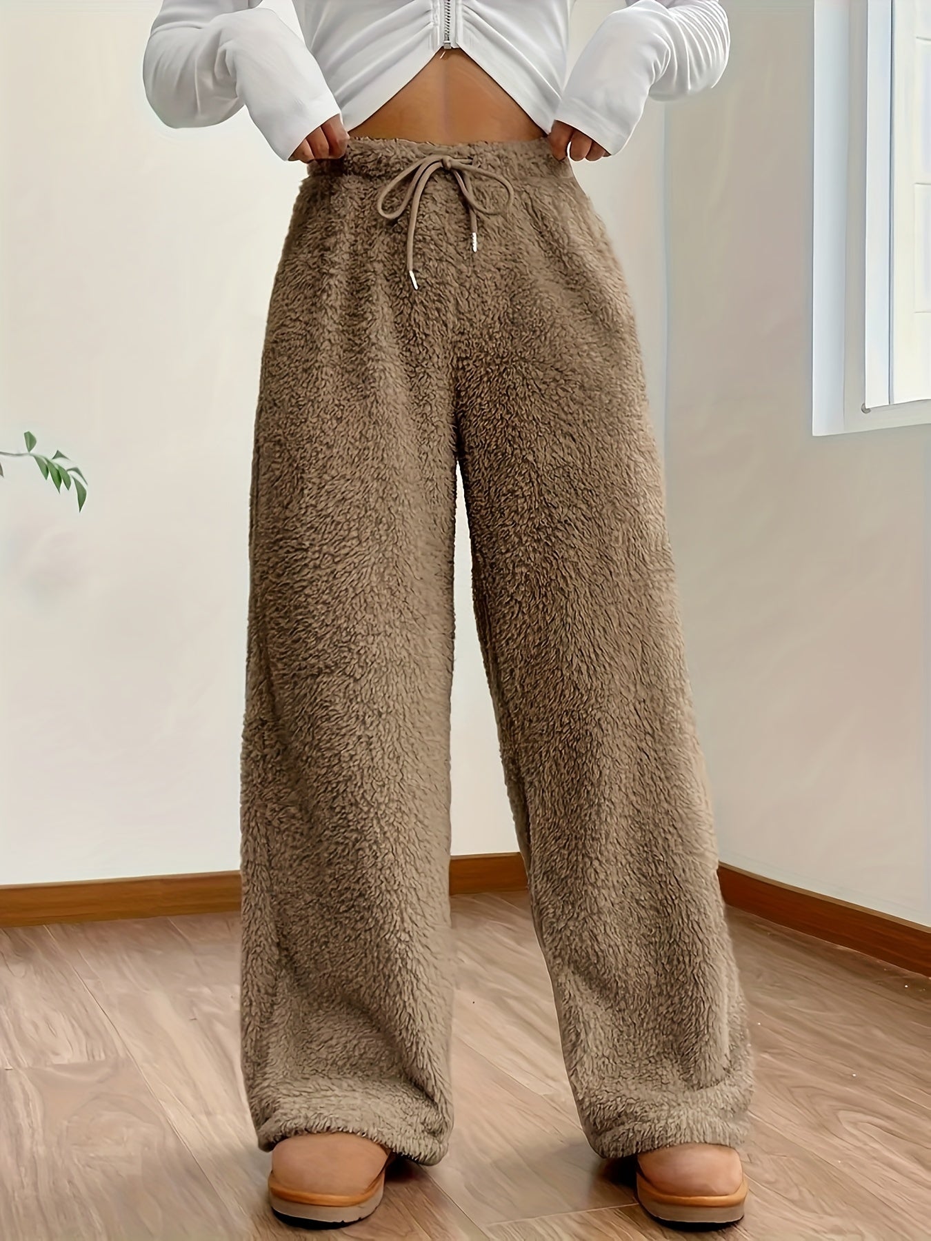 Vasilisa | Dames Teddy Sherpa broek met wijde pijpen - Zachte, stijlvolle, hooggesloten loungebroek